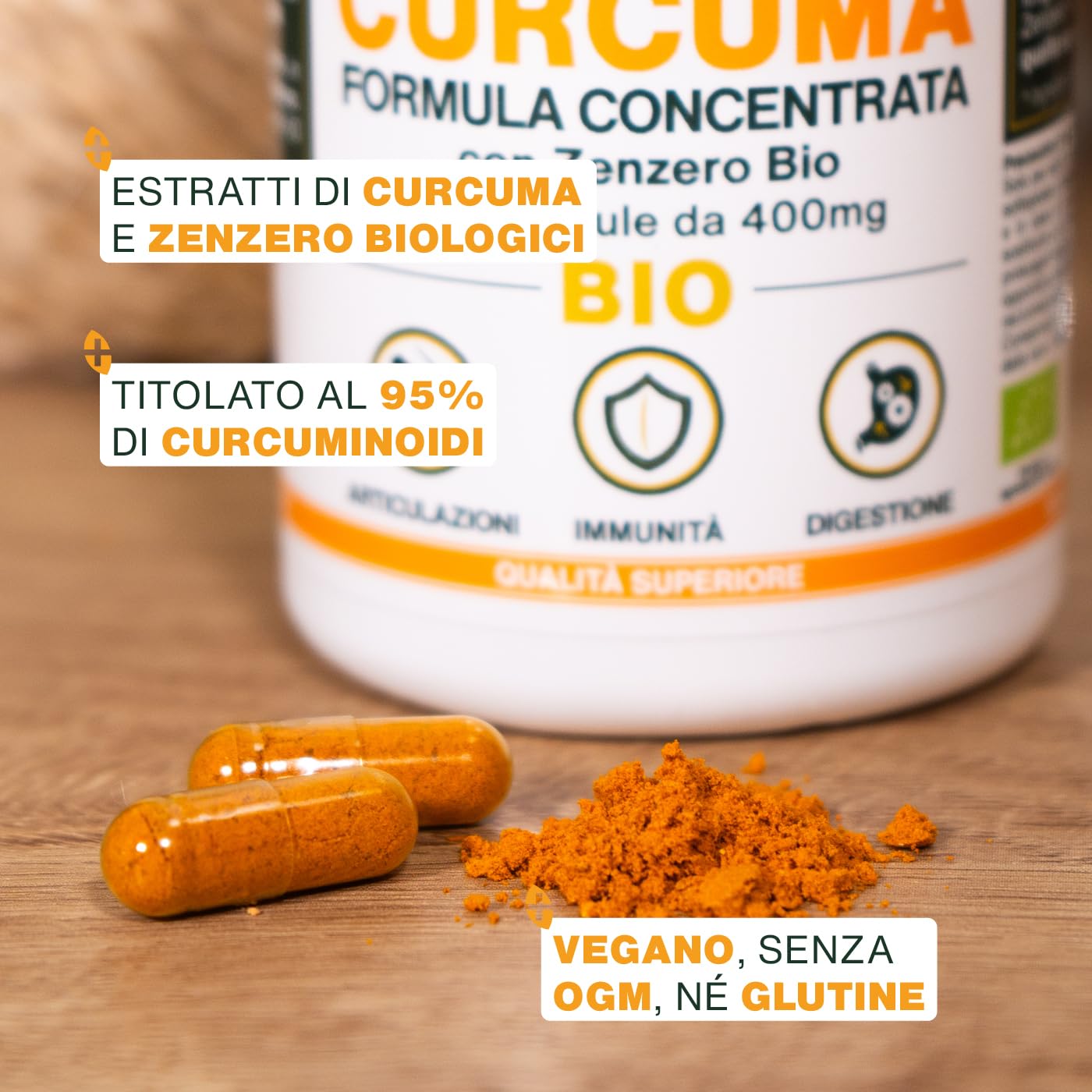 Curcuma BIO con Zenzero | Alta concentrazione, 95% di curcuminoidi | Curcumina Alto assorbimento | Riduce i dolori articolari | Senza piperina | 120 capsule | Qualità Superiore