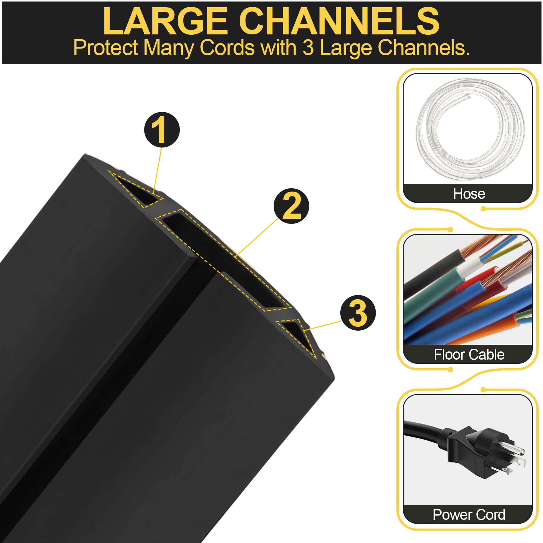 MYFAMIREA Protector de cable de suelo de 10 pies, cubierta de cable de extensión de PVC resistente con 3 canales, cubierta de alambre flexible para suelo, gestión de cables al aire libre, para el