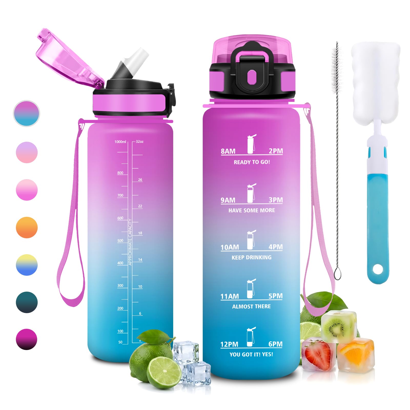 JAPORIA 1L Water Bottle, Leak Proof, Water Bottle with Straw, Water Bottle with Time Markers, BPA-Free, Reusable, Bottles for Office, Yoga, School