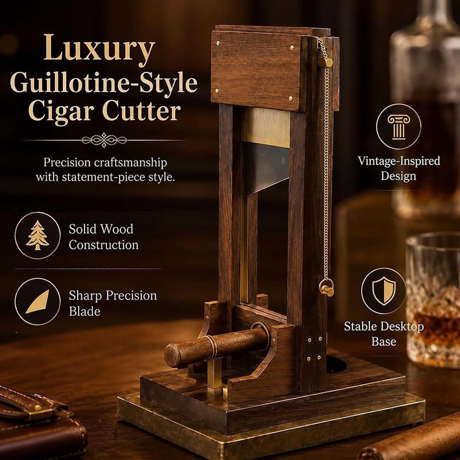 Luxuriöser Zigarrenschneider für den Schreibtisch, einzigartiger Guillotine Schneider, V-Schnitt & Gerader Schnitt mit integrierter Auffangschale und stabilem Standfuß, Elegantes Accessoire