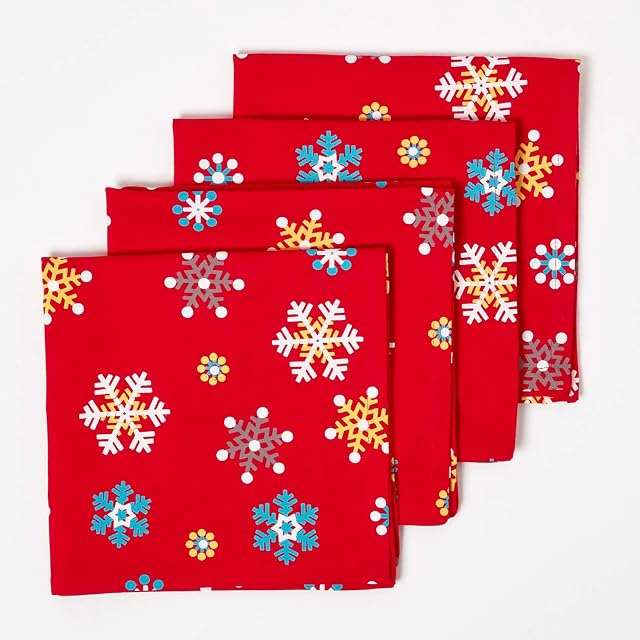 HOMESCAPES - Christmas -4 Napkins Set - Red Snowflake - X Mas design - 100% Cotton - White Green and Red Colour - Washable at Home