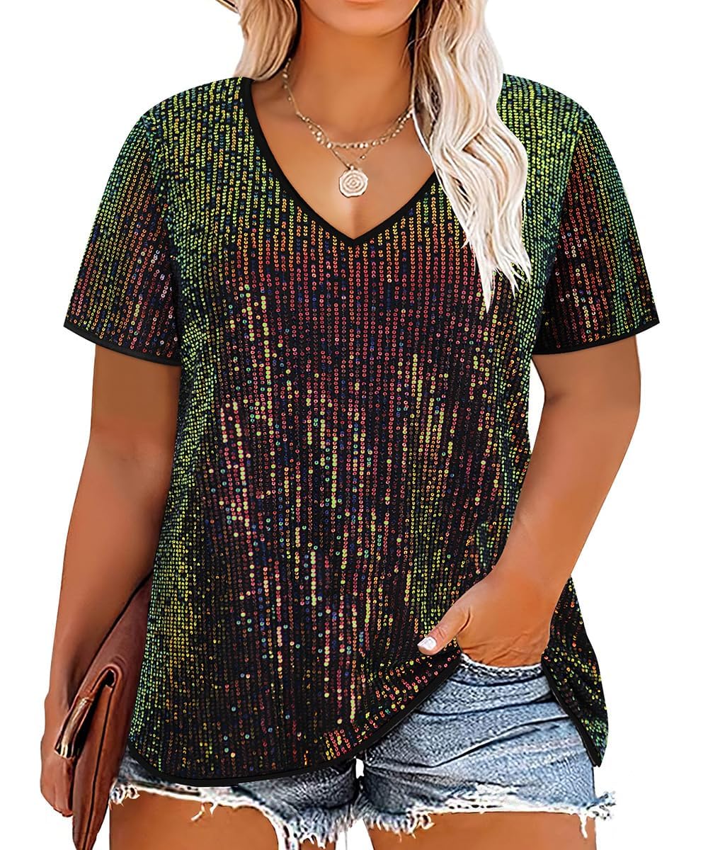 Photo 1 of TIYOMI Women's Plus Size Party Tops 3X Black Gold Summer Sequin Tops Short Sleeve V-Neck Shirts Club Sparkly Tunic Cocktail Birthday Casual Blouses Loose Fit Summer Tee 3XL 22W 24W