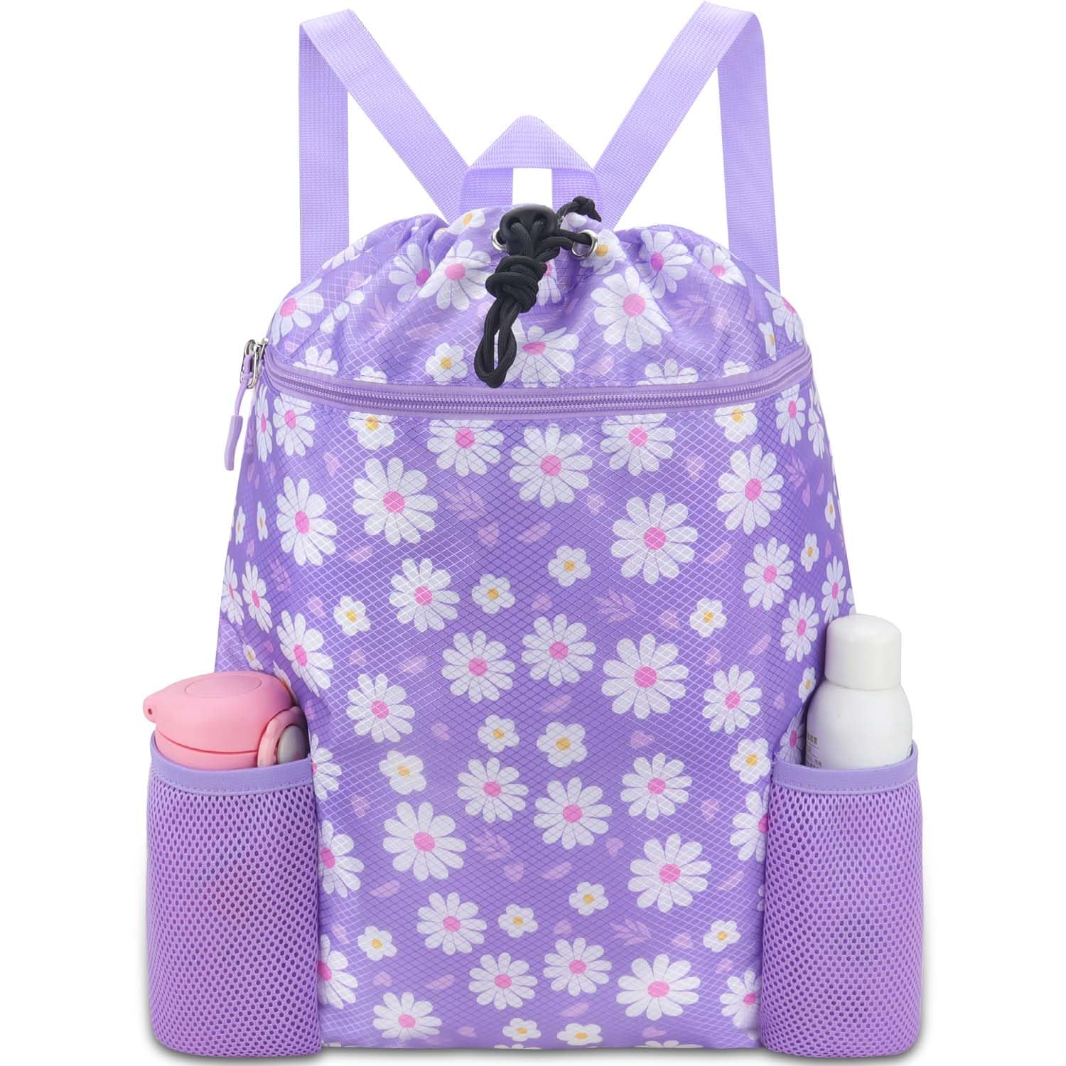 RHCPFOVR Swim Bags Drawstring Backpack for Kids - Drawstring Bags for Girls Swim Bag for Beach Swimming Pool Lightweight Draw String Bags Waterproof Sports Gym Bag With Two Water Bottle Holder
