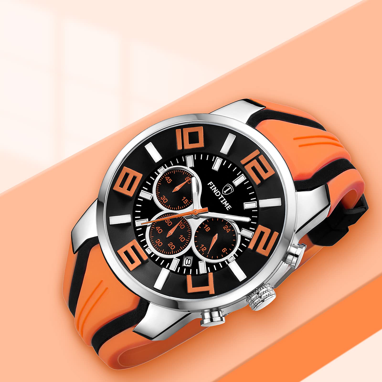 findtime Montre de sport pour homme - Chronographe militaire - Analogique - Quartz - Silicone - Grand chiffres - Date - Minuteur - Rouge