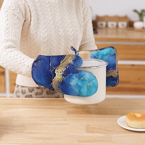 Miniatura 7 de Juego de 4 guantes para horno y agarraderas de silicona de mármol azul, accesorios de cocina, resistentes al calor, agarradera antideslizante para