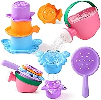Fajiabao Mold-Free Baby Bath Toys for Toddlers 1-3 Years - 5PCS Stacking Animal Cups, Watering Can & Spoon for Bathtub, Pool, Beach Play