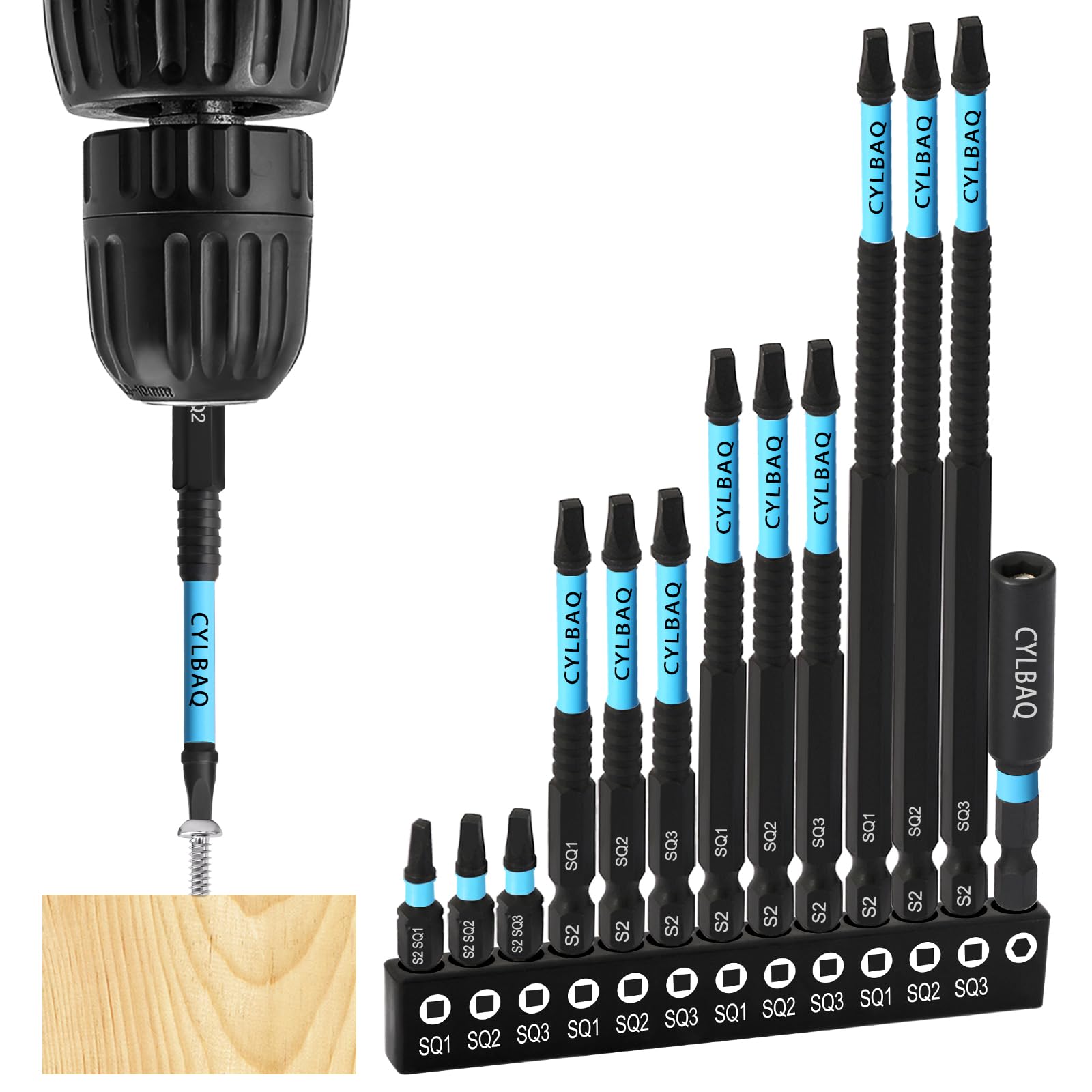 CYLBAQ Square Screwdriver Bits, 13Pcs Square Head Screwdriver Bit Set SQ1 SQ2 SQ3 25+75+100+150mm S2 Steel Tamper Proof 1/4” Hex Shank Magnetic Security Bits with Bit Extension Holder