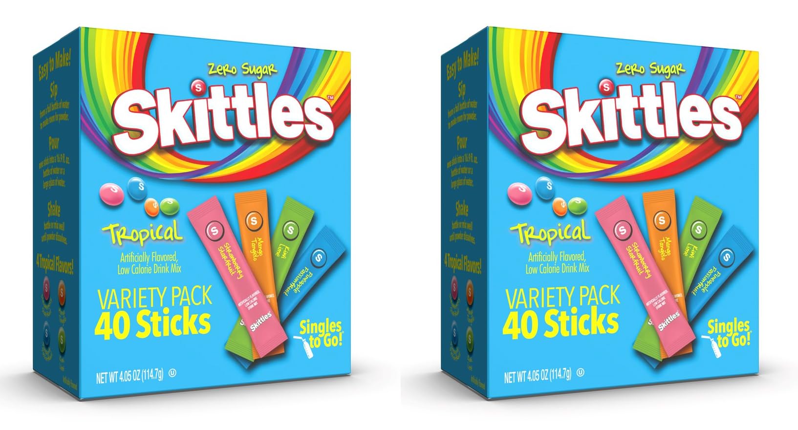 Skittles Singles To Go Tropical Flavors Variety Pack 40 Count 2 Pack - 4 Flavors, Pineapple Passionfruit, Kiwi Lime, Mango Tangelo and Strawberry Starfruit