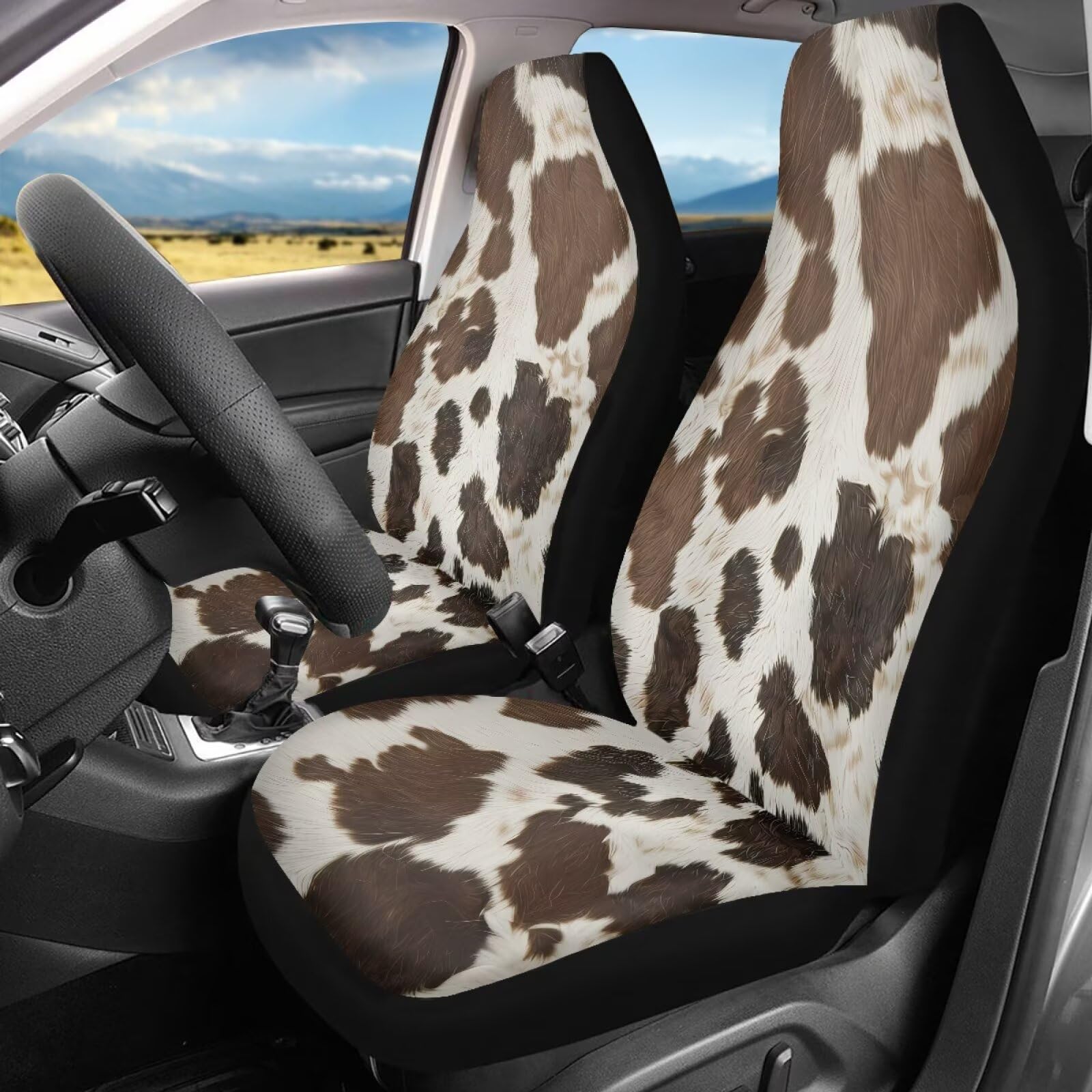 Lot de 2 housses de siège avant de voiture - Motif vache brune - Housses de siège de véhicule antidérapantes - Housse intérieure de voiture lavable - Protecteur de siège universel - Convient