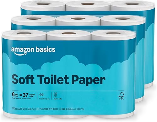 Amazon Basics 2-Ply Soft Toilet Paper, 18 Rolls | 3 Packs of 6 | 111 Regular Roll Equivalent
