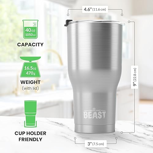 Miniatura 6 de Vaso de acero inoxidable BEAST con aislamiento al vacío de doble pared, para café o bebida fría, termo de viaje, 40 onzas (acero inoxidable)