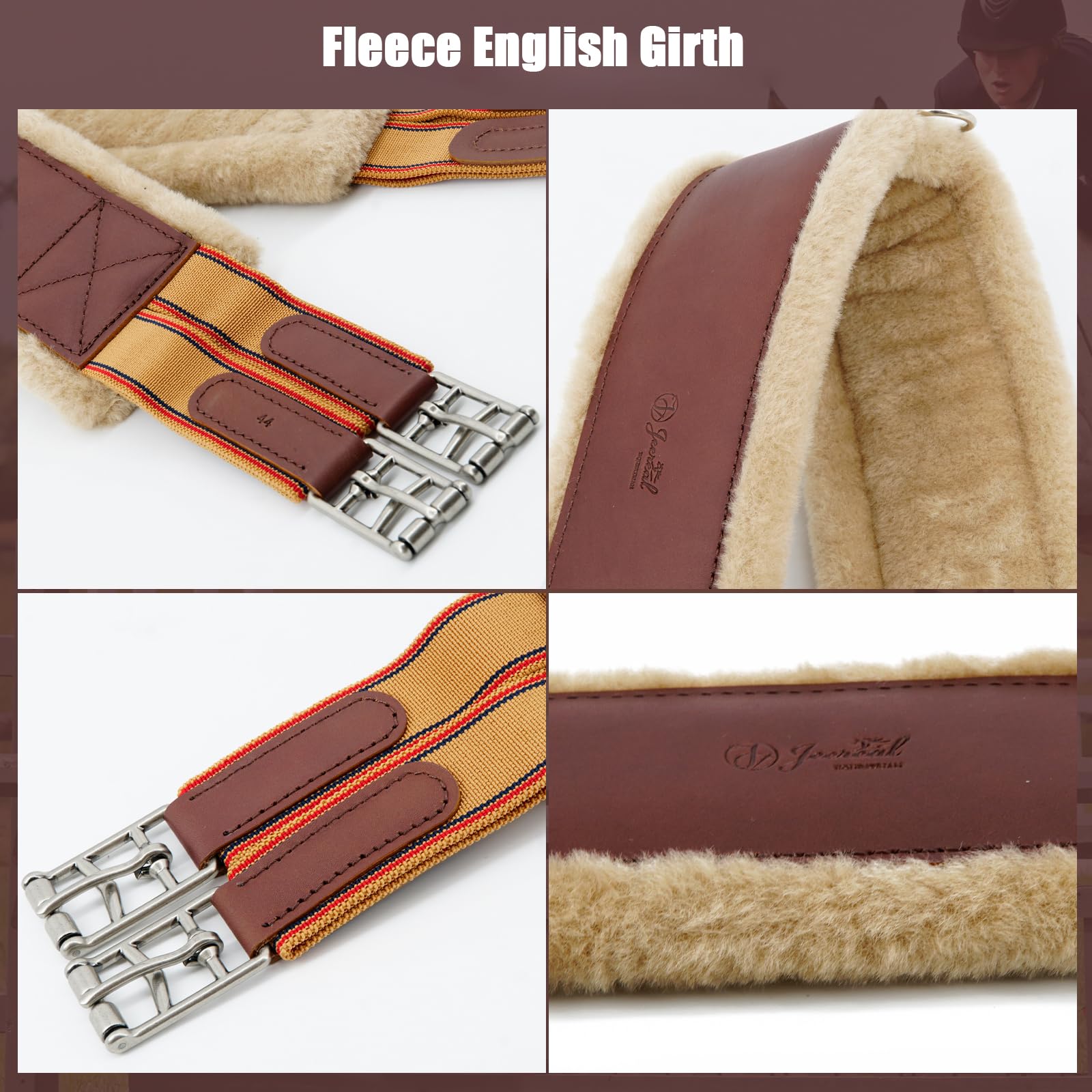 Jeereal Fleece English Girth | Breathable Horse Girth for English Saddle with Double Heavy Duty Elastic - Genuine Leather and High-Strength Webbing Stitched (Coffee-Brown, 48