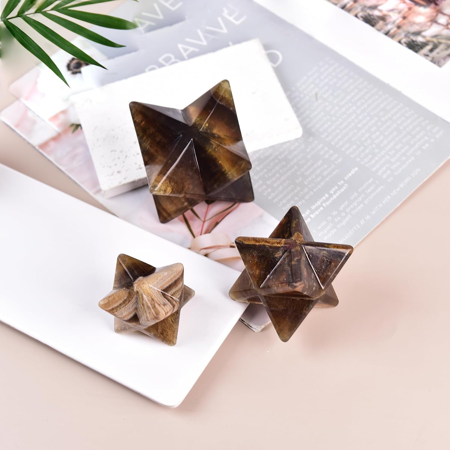 JIC Gem Large Merkaba Healing Crystal Natural Yellow Fluorite Merkaba Crystal Grid Home Decor Spiritual Gifts Reiki 3D Star Dodecahedron (10-11cm)