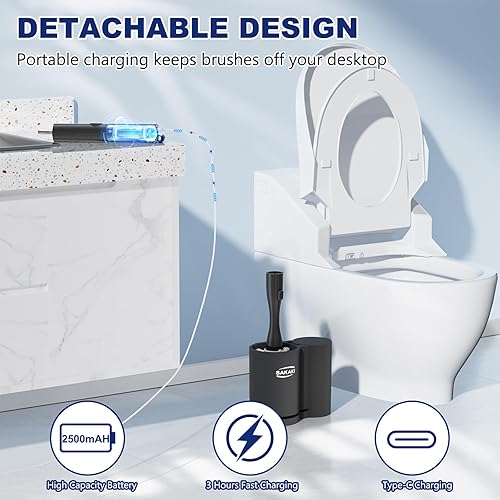 Miniatura 6 de Juego de escobilla y soporte eléctrico para inodoro, cepillo eléctrico para inodoro, juego de limpiador de cepillo de inodoro con 5 recambios,