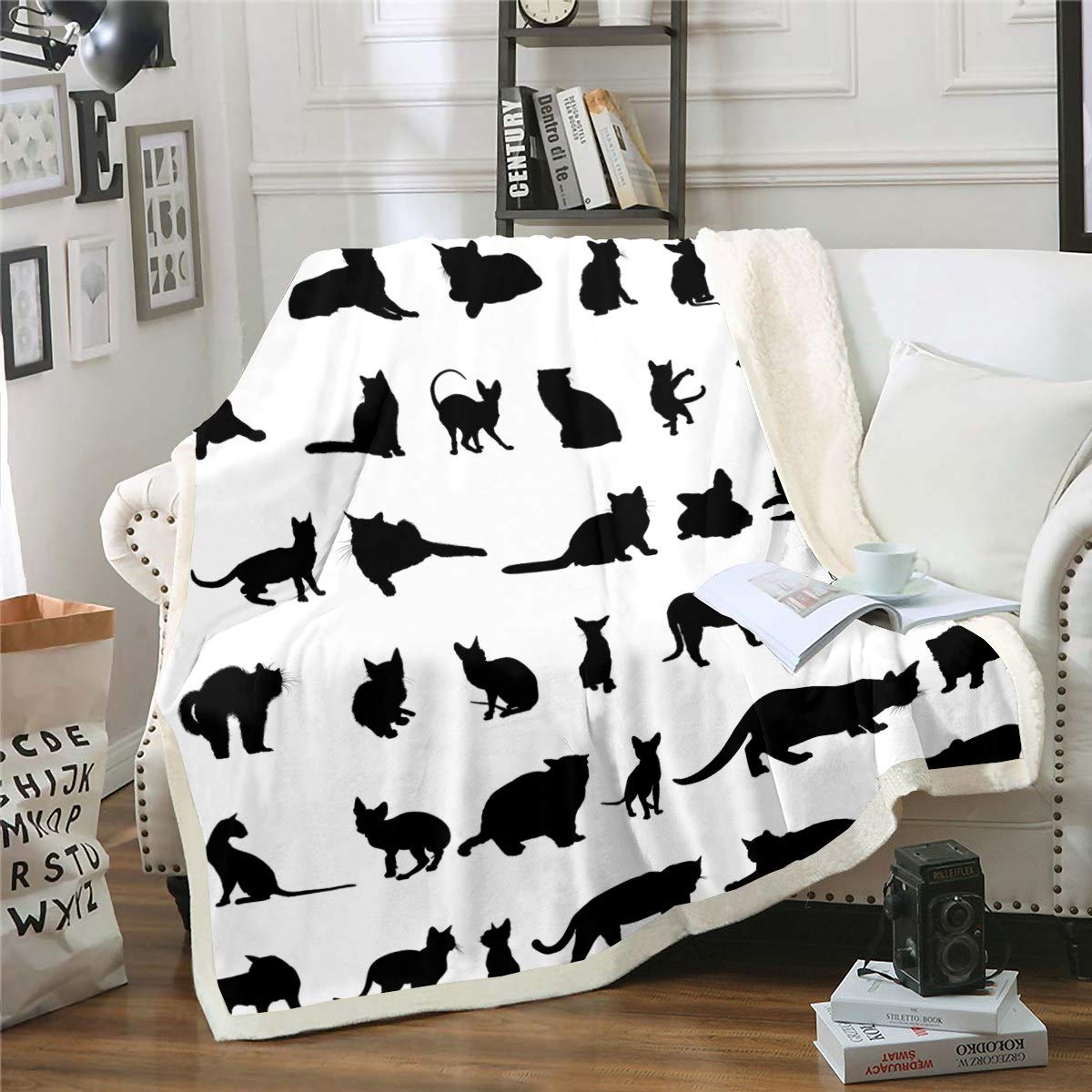 Cat Blankets and Throws for Kids Boys Girls Black and White Cartoon Fleece Blankets Cute Animal Print Blanket Luxury Breathable Throw Blanketfor Couch Bed Sofa Sherpa Blanket Single 50"x60"