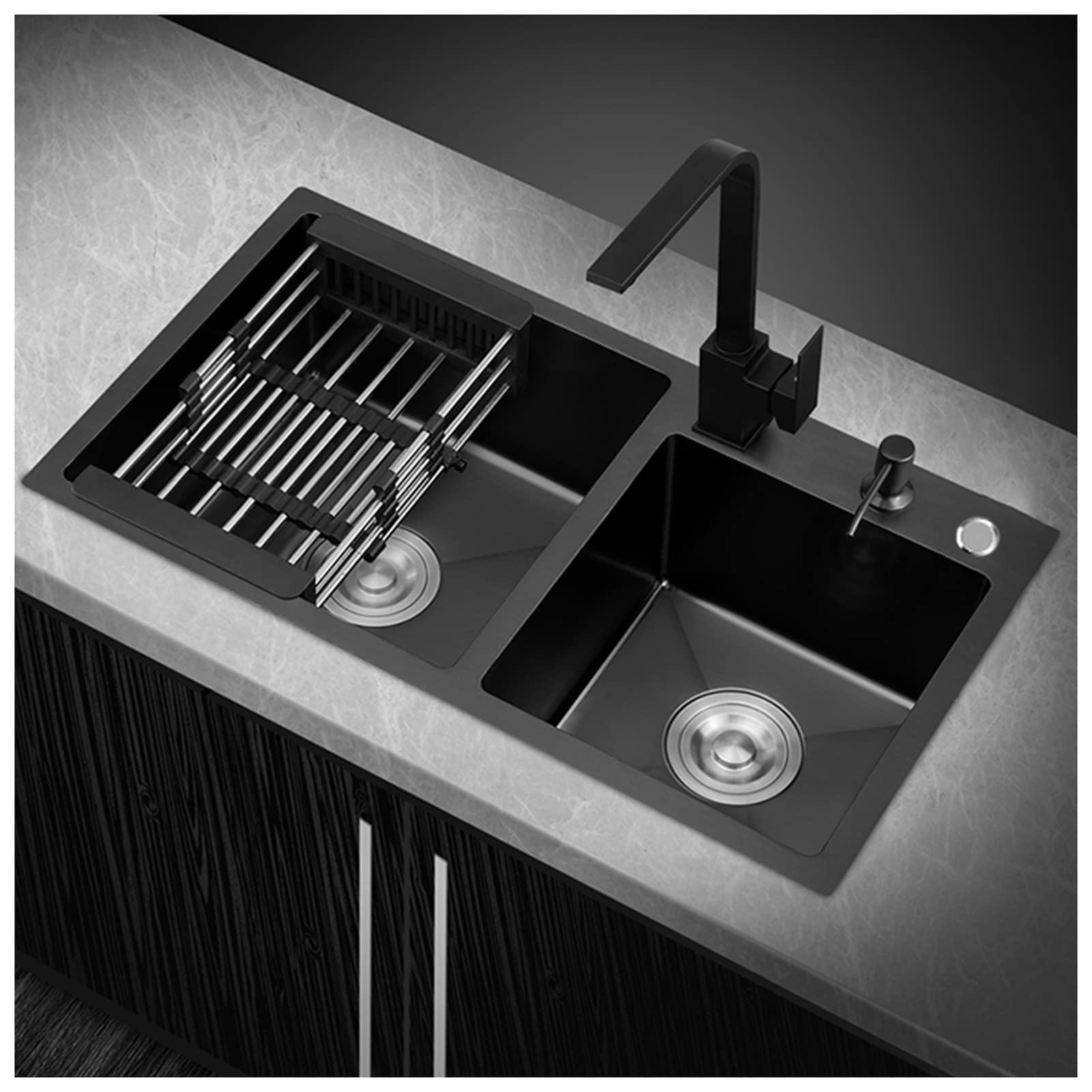 ZQFHSX 304 Stainless Steel Black Bar Sink Square Nano Kitchen RV With Faucet & Drain Top Mount Or Undermount (Color : Black-b, Size 80x45x22cm)
