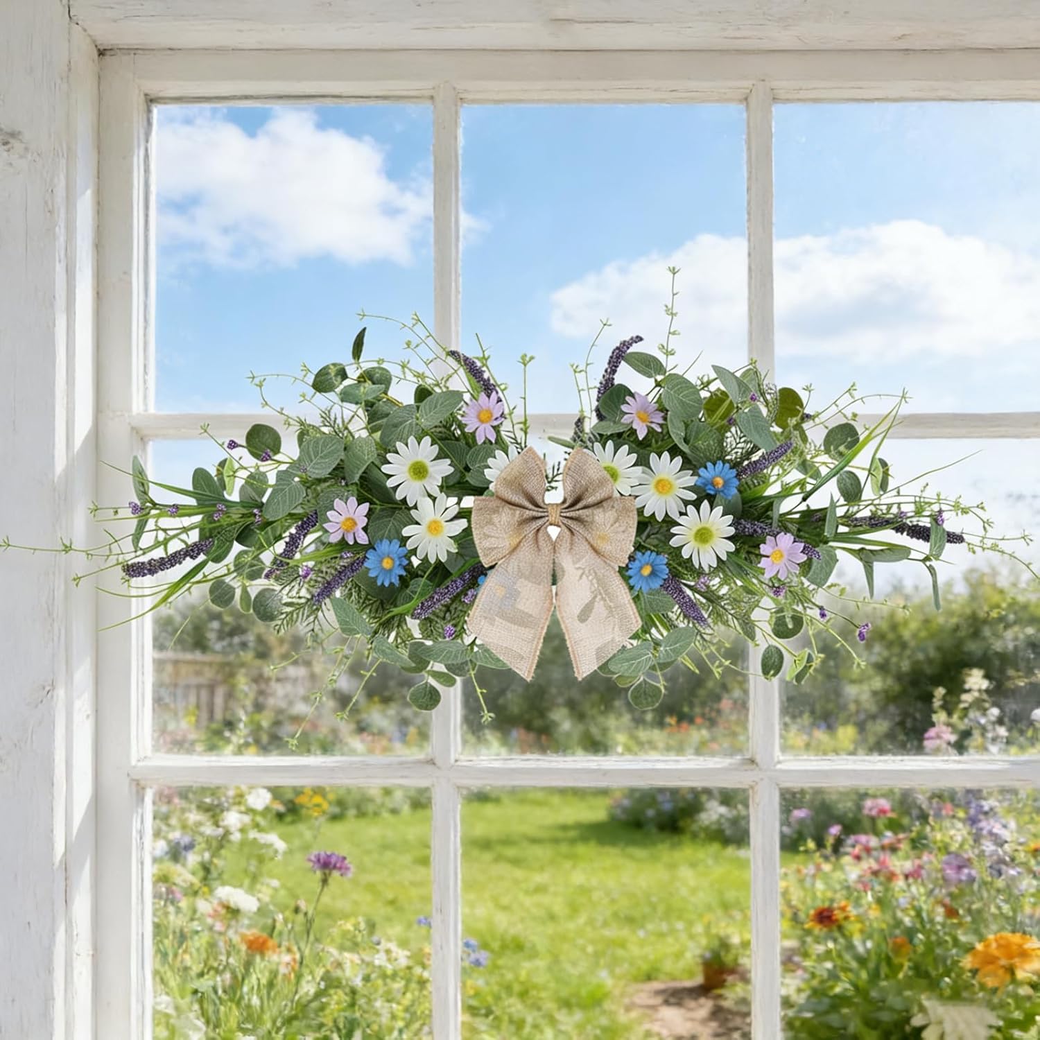 2 Pcs Spring Floral Teardrop Swags 24" Wildflower & Daisy Swag Decor with Linen Bows, Artificial Summer Greenery Swags for Door, Wall, Mantel, and Wedding Decor