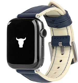TORRO Cinturino Sportivo di Orologio in Vera Pelle Compatibile con Apple Watch con Connettore e Fibbia in Argento Spazzolato (Silicone Crema con Pelle Blu Marino per Apple Watch 38mm / 40mm / 41mm)
