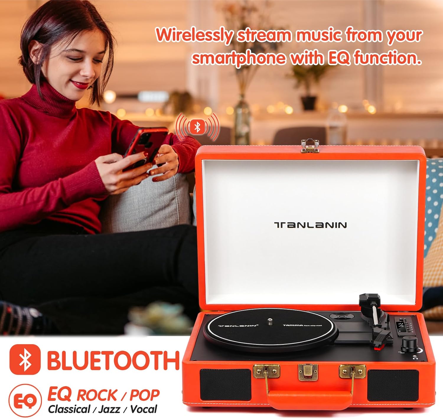 Portable Vinyl Record Player with Bluetooth and USB Recording, Vintage Suitcase Record Player with Built-in Stereo Speakers, 3-Speed Turntable, RCA/AUX/Headphone Jack, Orange