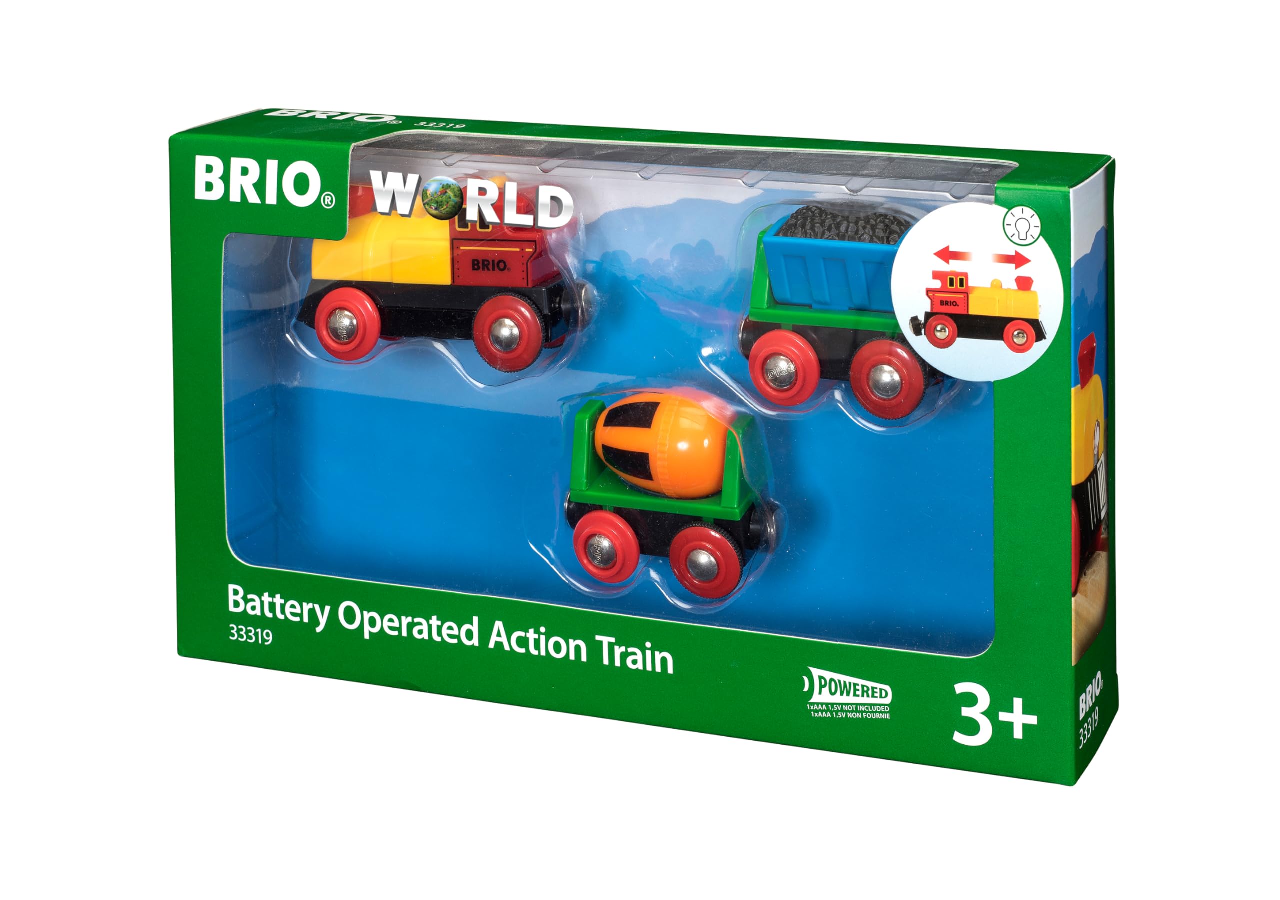 BRIO World 33319 Zug mit Batterielok - Mit beweglichem Kohlewaggon und rotierendem Zementwaggon - Geeignet für Kinder ab 3 Jahren