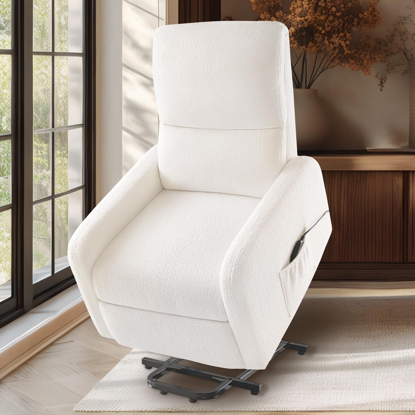 Jocisland Power Lift Recliner Chairs for Elderly, Small Electric Recliners with High Back & Side Pocket for Nursery Living Room Bedroom, Comfy Upholstered Modern Nursing Single Sofa, Teddy White