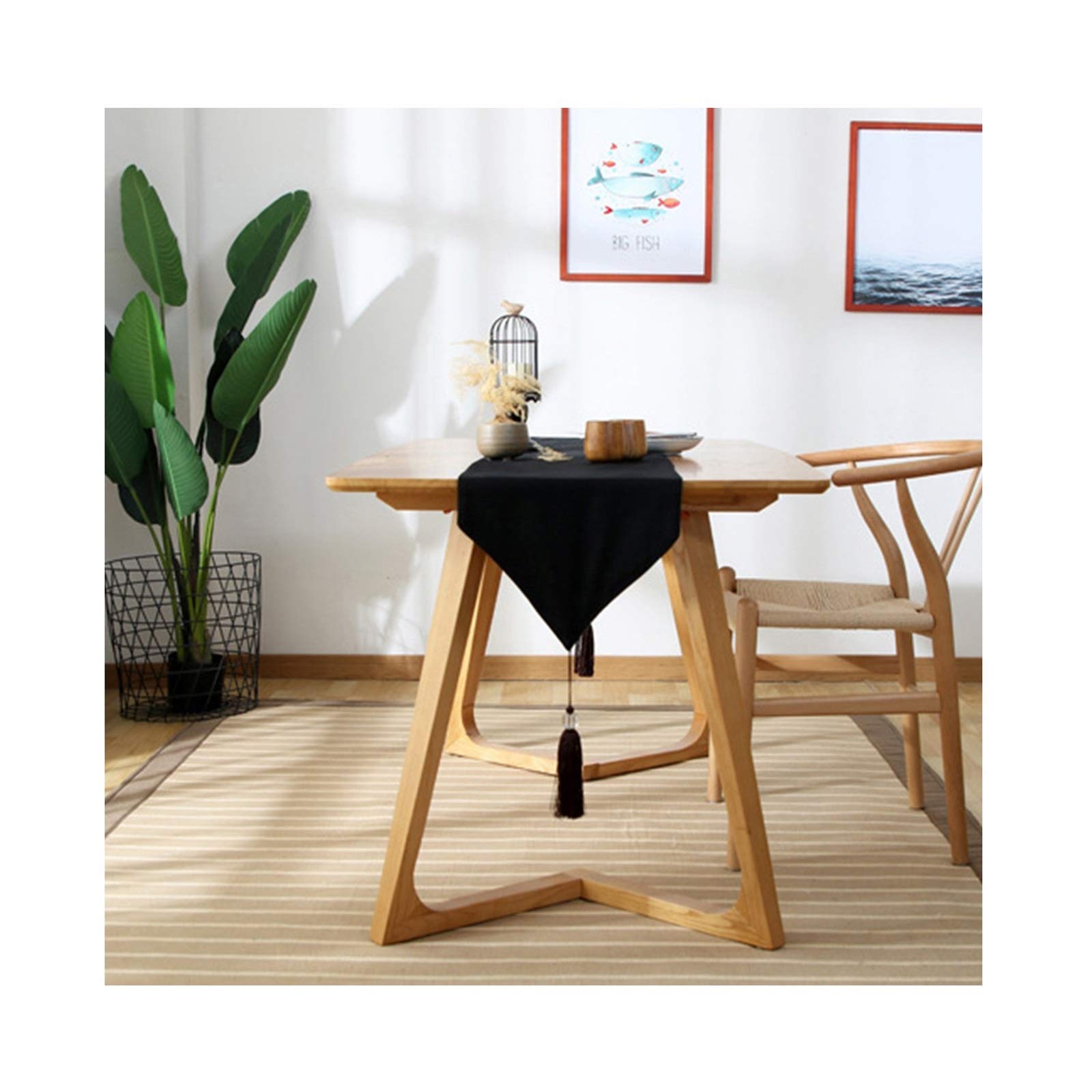 Tischläufer Polyester Landhausstil, Tischläufer Wohnzimmer 33x200 cm, Schwarzer Leinenoptik mit Quasten