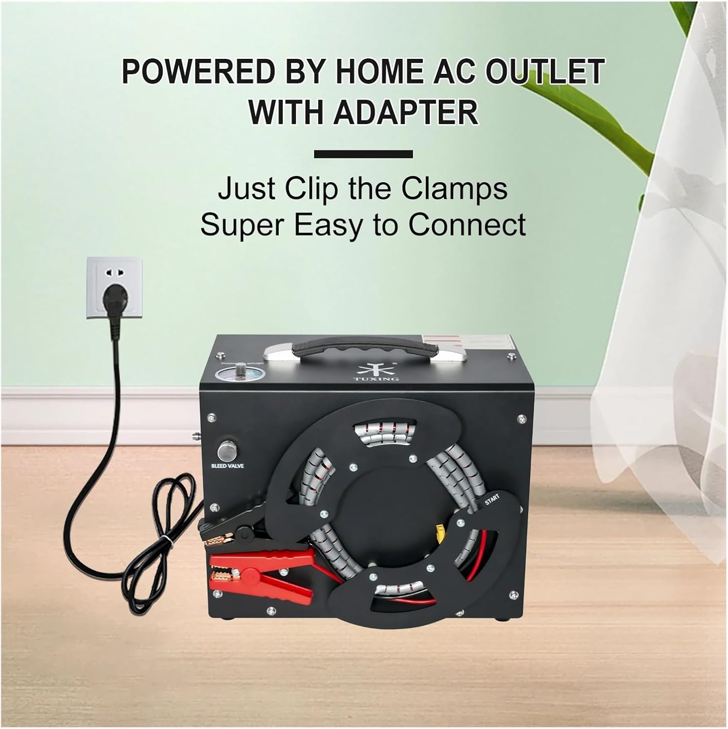 TUXING TXES062 compressor powered by a home AC outlet with adapter