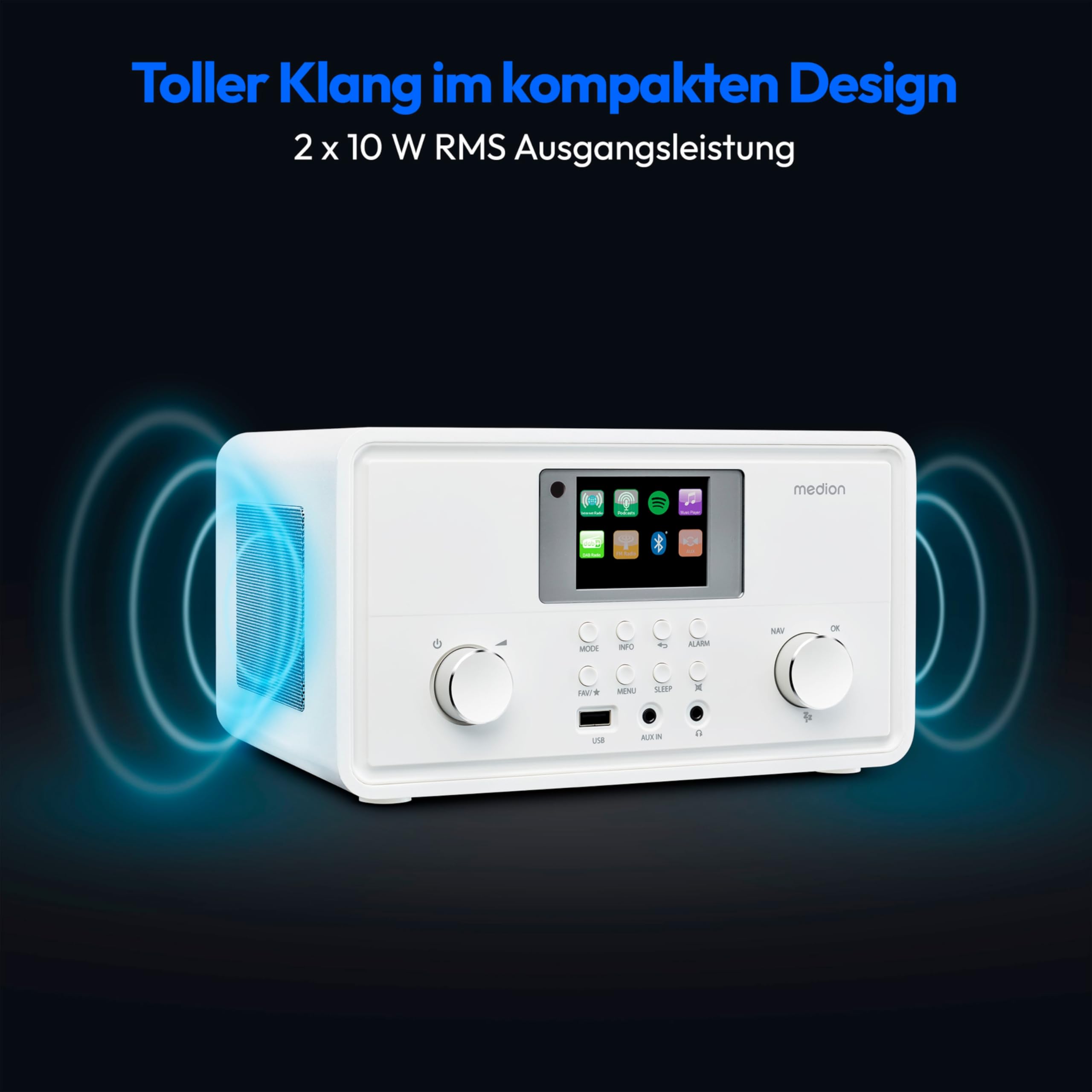 MEDION P85027 Internetradio (DAB Plus, UKW Radio, Spotify Connect, WLAN, Bluetooth, Streaming, Equalizer, Farbdisplay, USB, AUX, Wecker, Schlummerfunktion, Sleep Timer) weiß