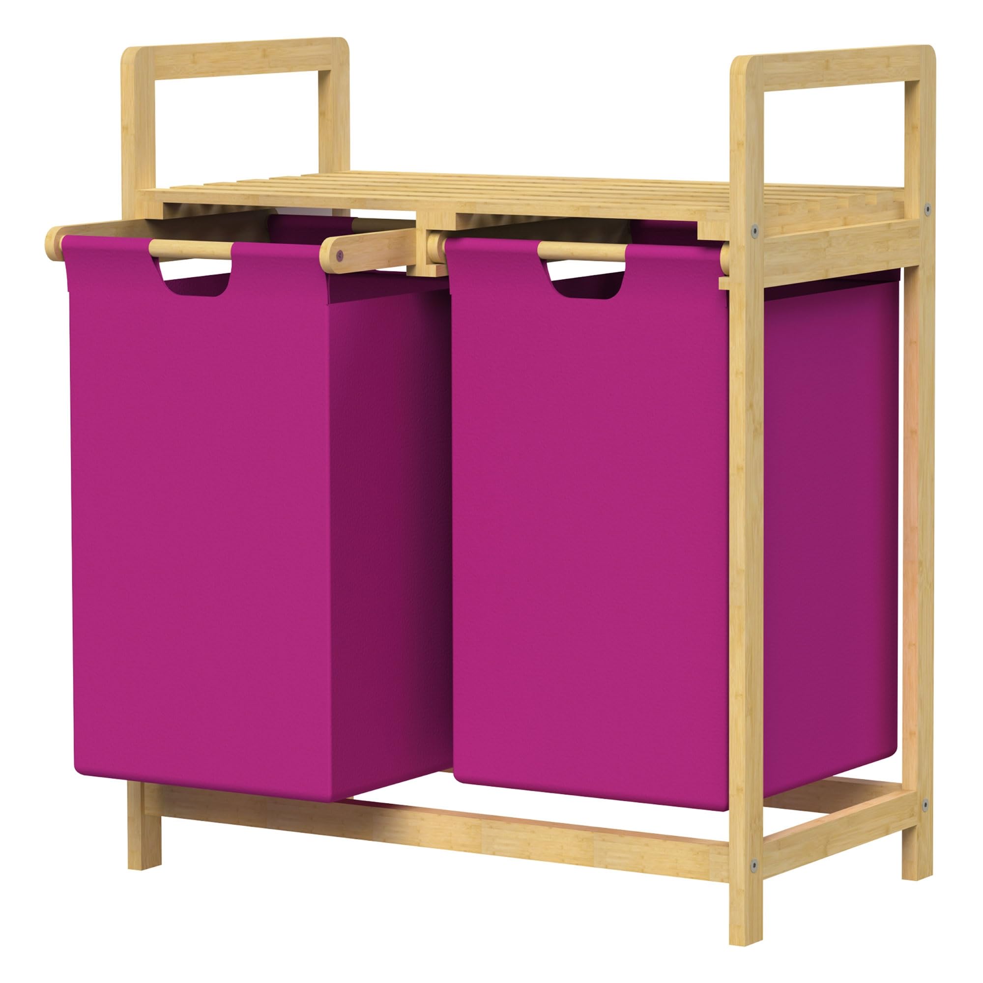 ML-Design Wäschekorb 2 Fächer, Bambus, Wäschesammler mit Ablage, Wäschesortierer 2x 30L, Wäschesäcken aus Oxford-Gewebe, ausziehbar/abnehmbar, Wäschebox mit Regal für Badezimmer & Waschküche, Magenta