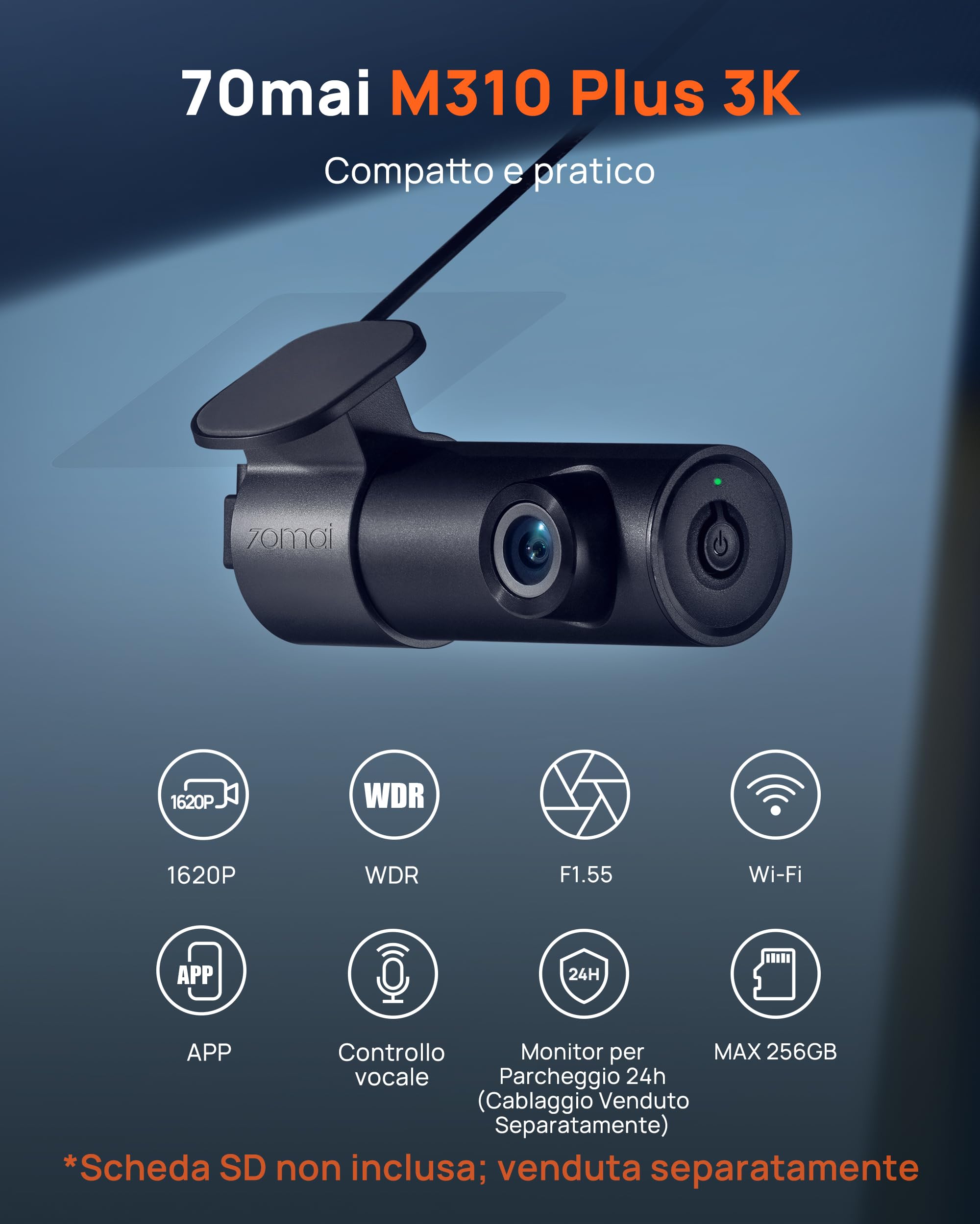 70mai Dash Cam M310 Plus 3K, 1620P Dashcam Auto, WiFi, Visione Notturna, Registrazione Time-lapse, WDR, Registrazione in Loop, Modalità Parcheggio, WiFi, APP, Max 256 GB