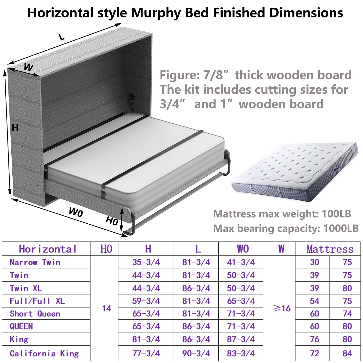Create A Luxurious Bed Murphy Kit de herrajes para cama de cama Hover in Mid Air Hydraulic Rod Gas Spring System (Horizontal, individual/individual XL)