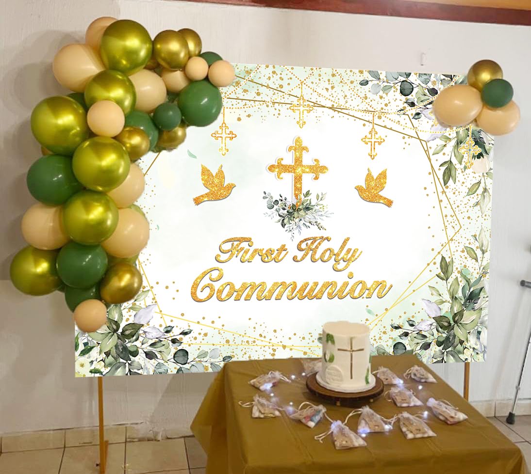 Fond de première communion, fond vert pour le baptême, bénédiction divine, croix dorée, feuilles vertes, fête de bébé neutre, décoration, fond (240 x 180 cm)
