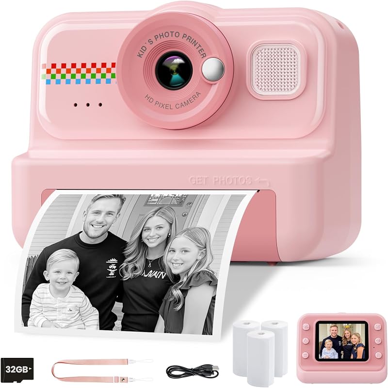 HiMont Gyermek Instant Fényképezőgép 1080P - 32GB Kártyával és 3 Tekercs Nyomtatópapírral, Rózsaszín Digitális Kamera 3-12 Éves Gyerekeknek
