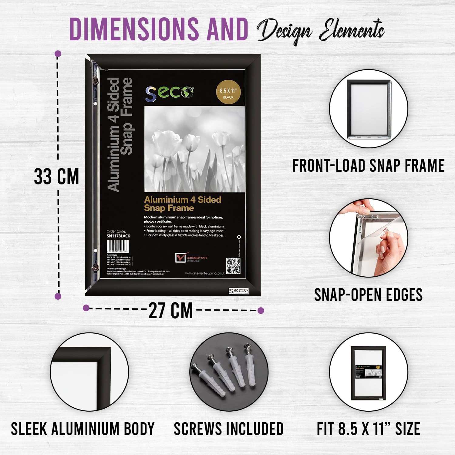 SECO 8.5x11 Black Snap Frame | Front Loading Aluminum Poster Frame | Easy Open Sign, Notice & Certificate Display