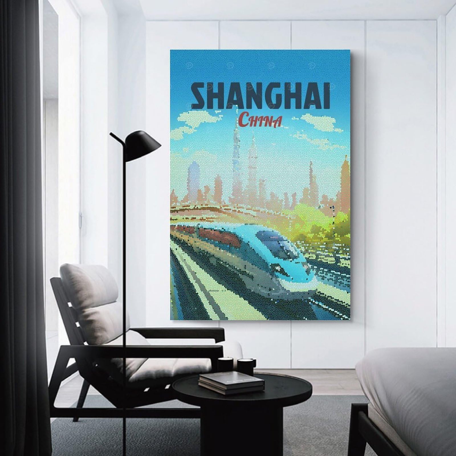 Junmoney Room Decor Wall Art Shanghai China Mosaic Travel, 24x36inch(60x90cm), for Gallery Wall Layouts in Home Or Office, Home Wall Art for Statement Displays