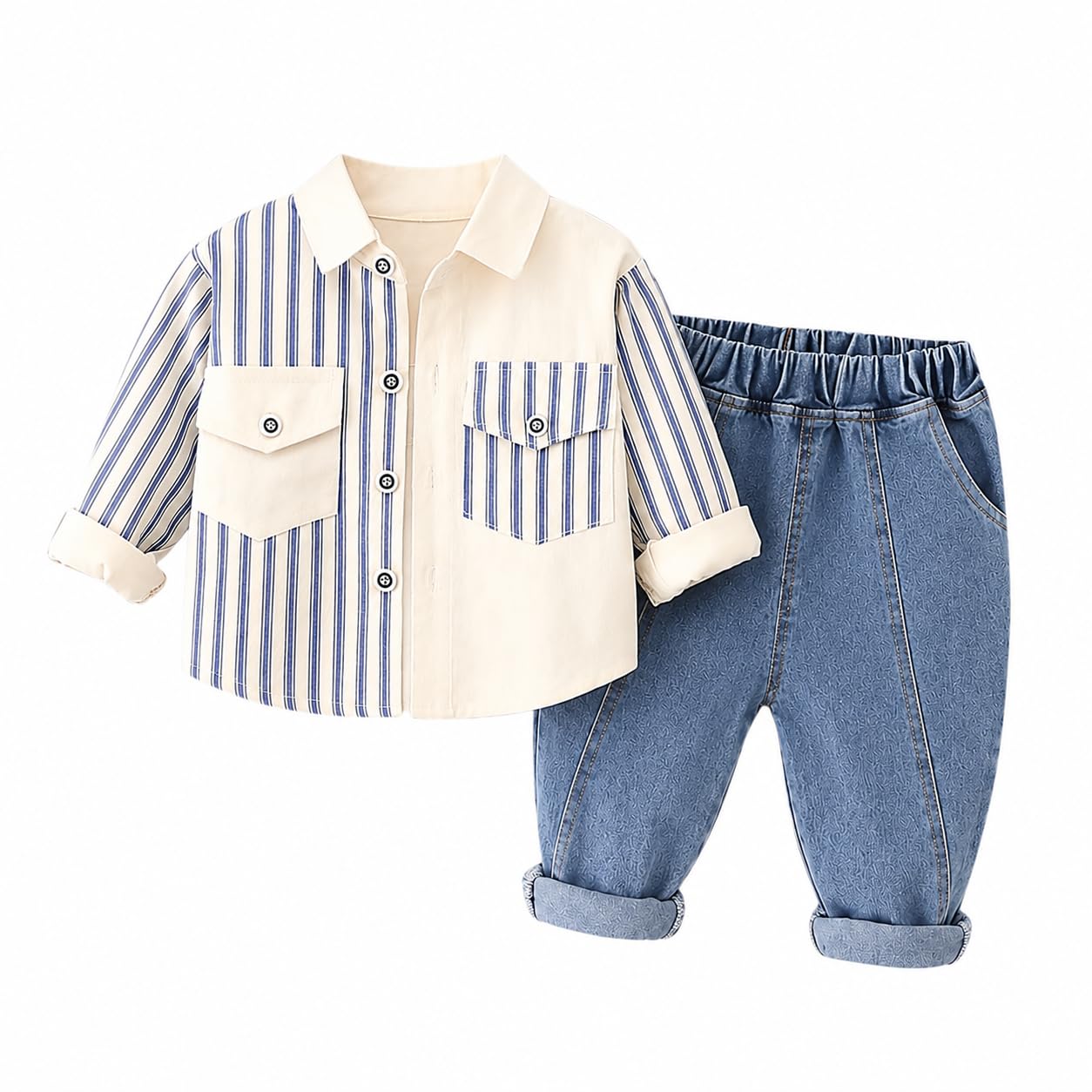 Googo Gaaga Kids Boys100% Cotton Clothing Set | Striped Full Sleeve Shirt with Denim Jogger Pant Clothing Set for Kids Boys | Stylish Casual Outfit Set for Boys | Soft & Breathable |