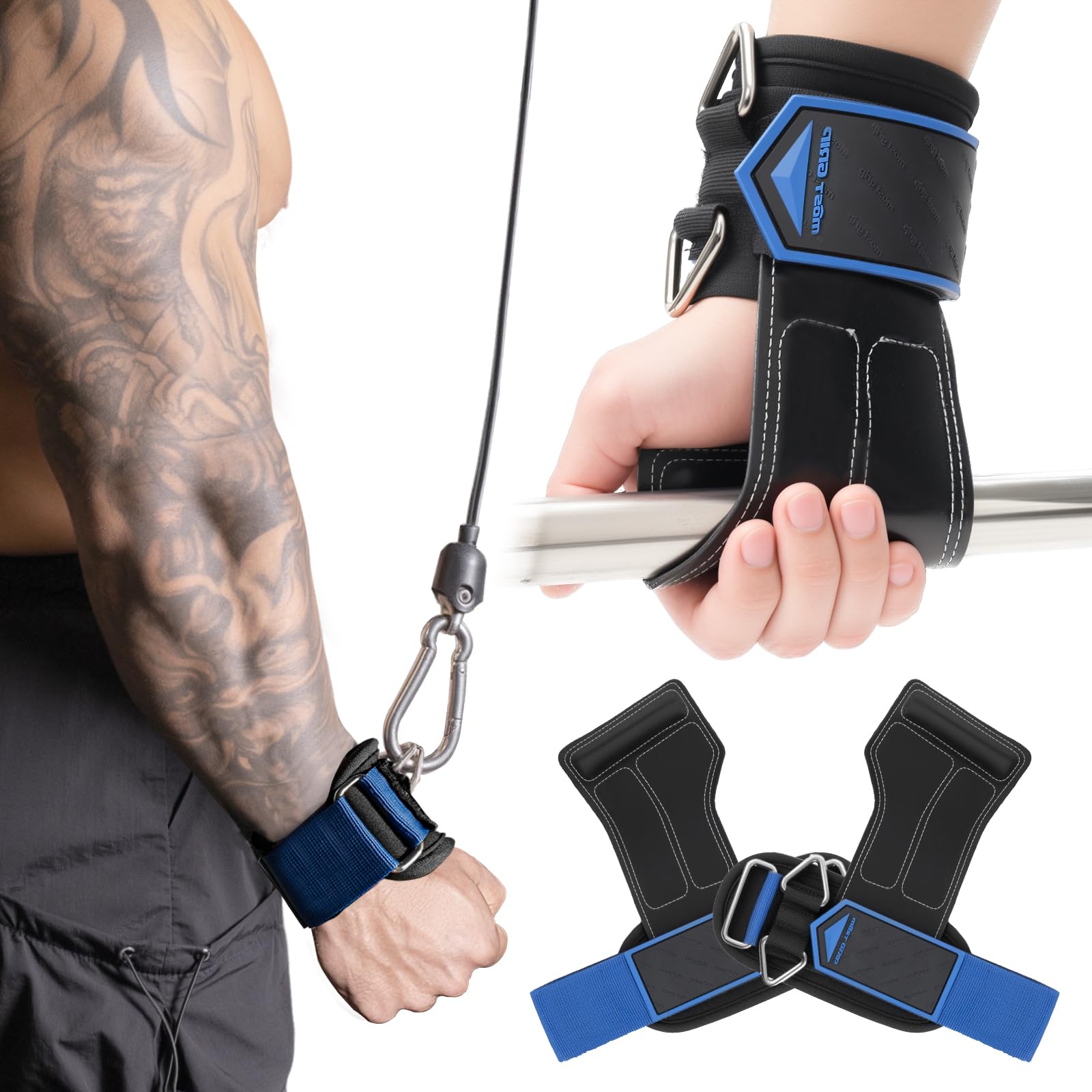 MOST GRIP Non-Slip Gym Wrist Sraps for Weightlifting, Double Rubber Weight Lifting Straps with D Rings for Cable Machine Workout, Wrist Wraps with Cushion Wrist Loop (Black Blue, S (5.1-6.7Inch))