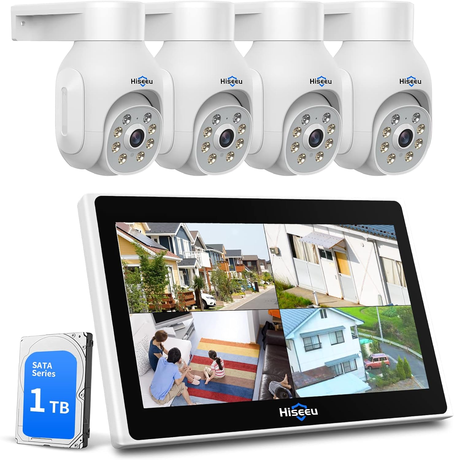 【PTZ+10CH Monitor】Hiseeu 3MP PTZ Wireless Security Camera System with