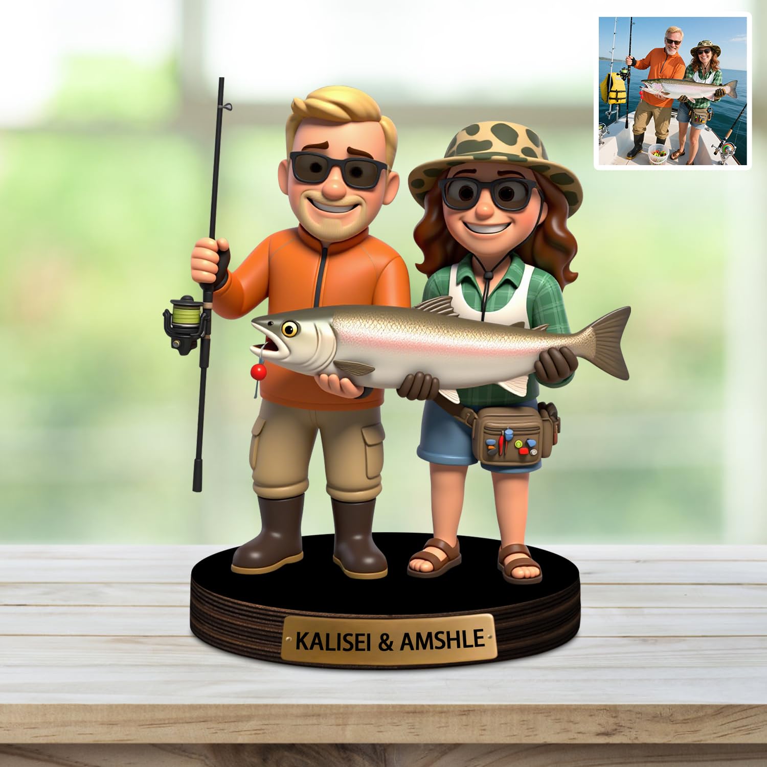 Amabery Personalized Fishing Photo Cartoon Portrait Ornament Custom Photo & Name Sculpture Decor for Desktop Home Collectibles Gifts for Fisherman Men Women Family Christmas Birthday