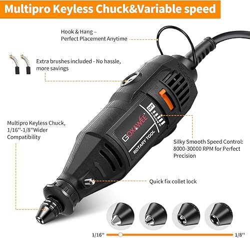 Miniatura 3 de GOXAWEE Kit de herramienta giratoria 140 accesorios set de de minitaladro eléctrico de troquelado de velocidad variable con portabrocas sin llave