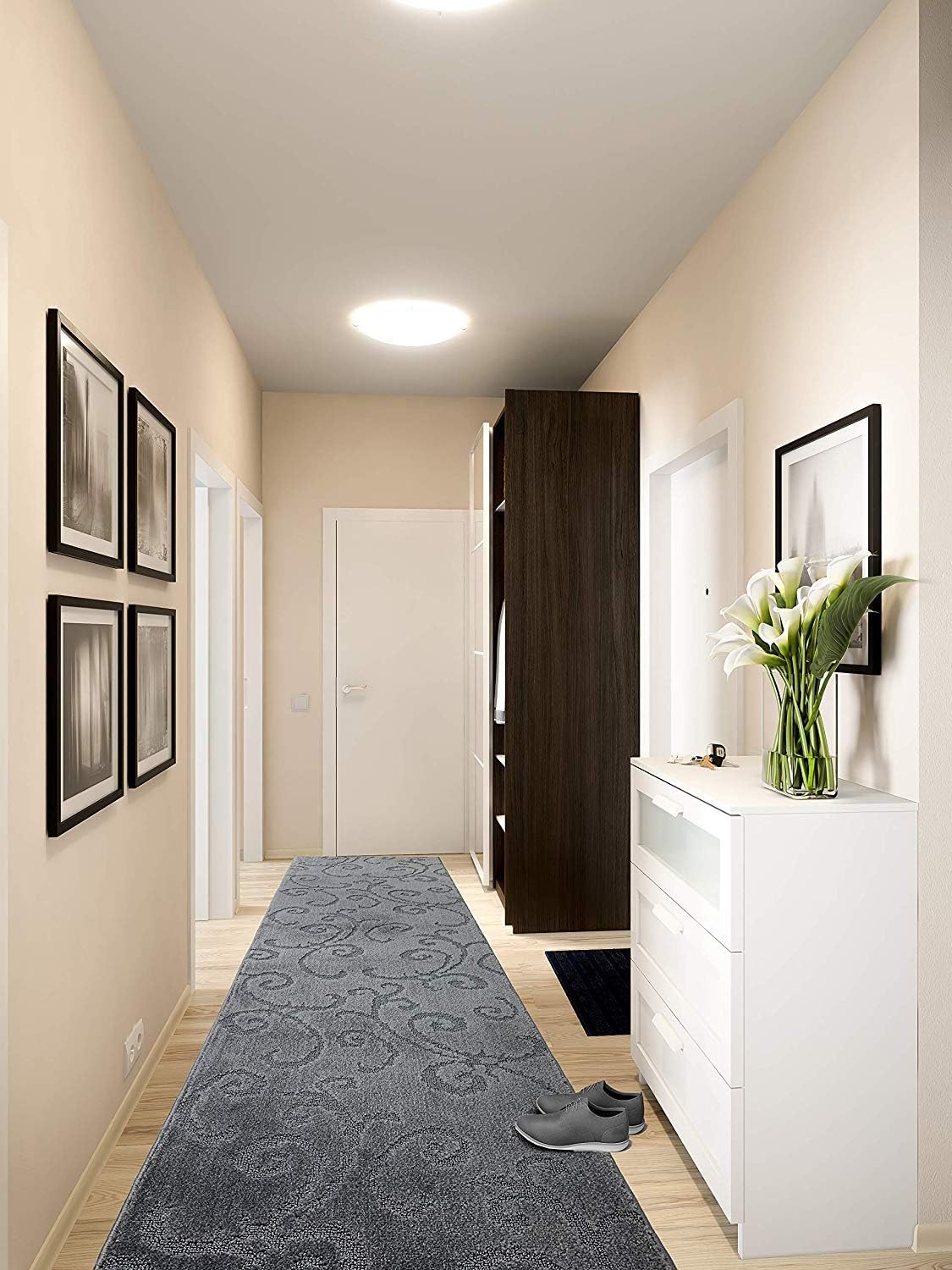 Non Slip Washable Carpet Runner Rug with Rubber Backing, Custom Floor Mat for Kitchen Hallway Stairs Bedroom Bathroom Entry, Scroll Anthracite Grey, Your Choice of Length, 26 Inch X 2 feet, Doormat