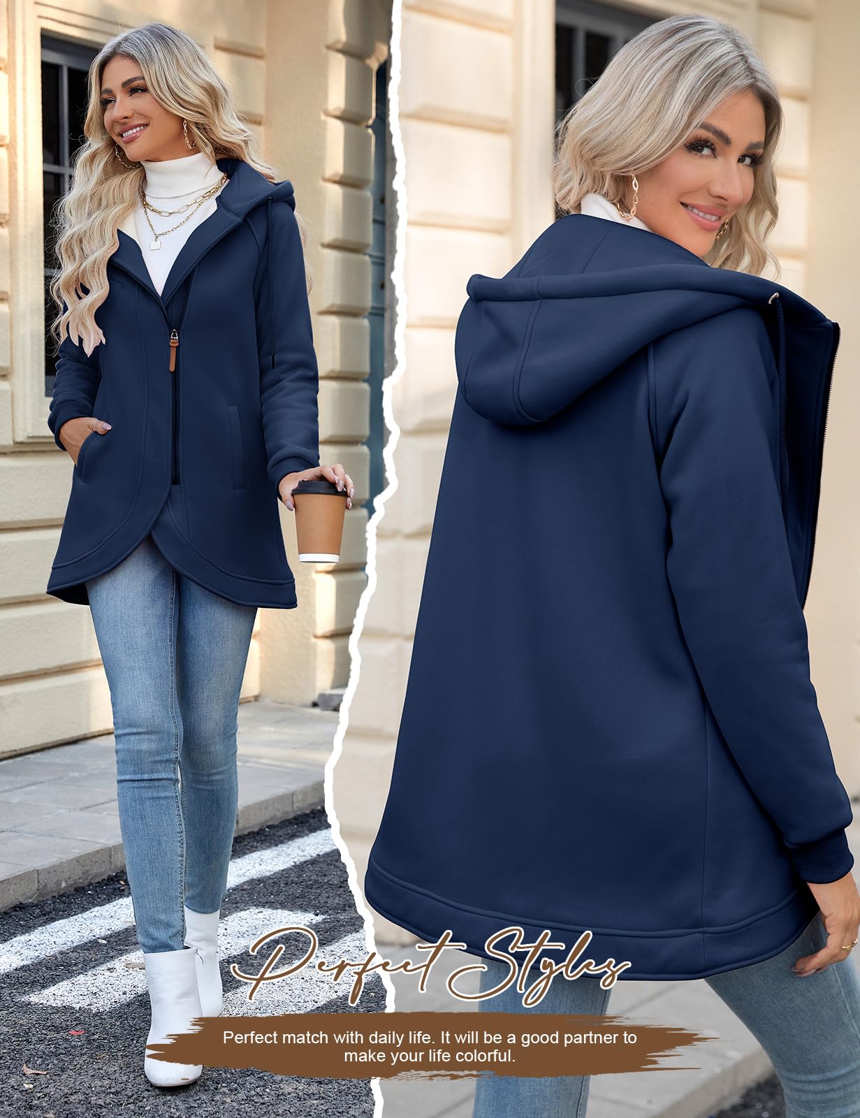UMIPUBO Felpa Donna con Cappuccio Invernale Felpe con Zip Fodera in Pile Hoodie Sweatshirt a Manica Lunga Caldo Lungo Giacca con Tasche Cotone Termica Cappotto Pullover