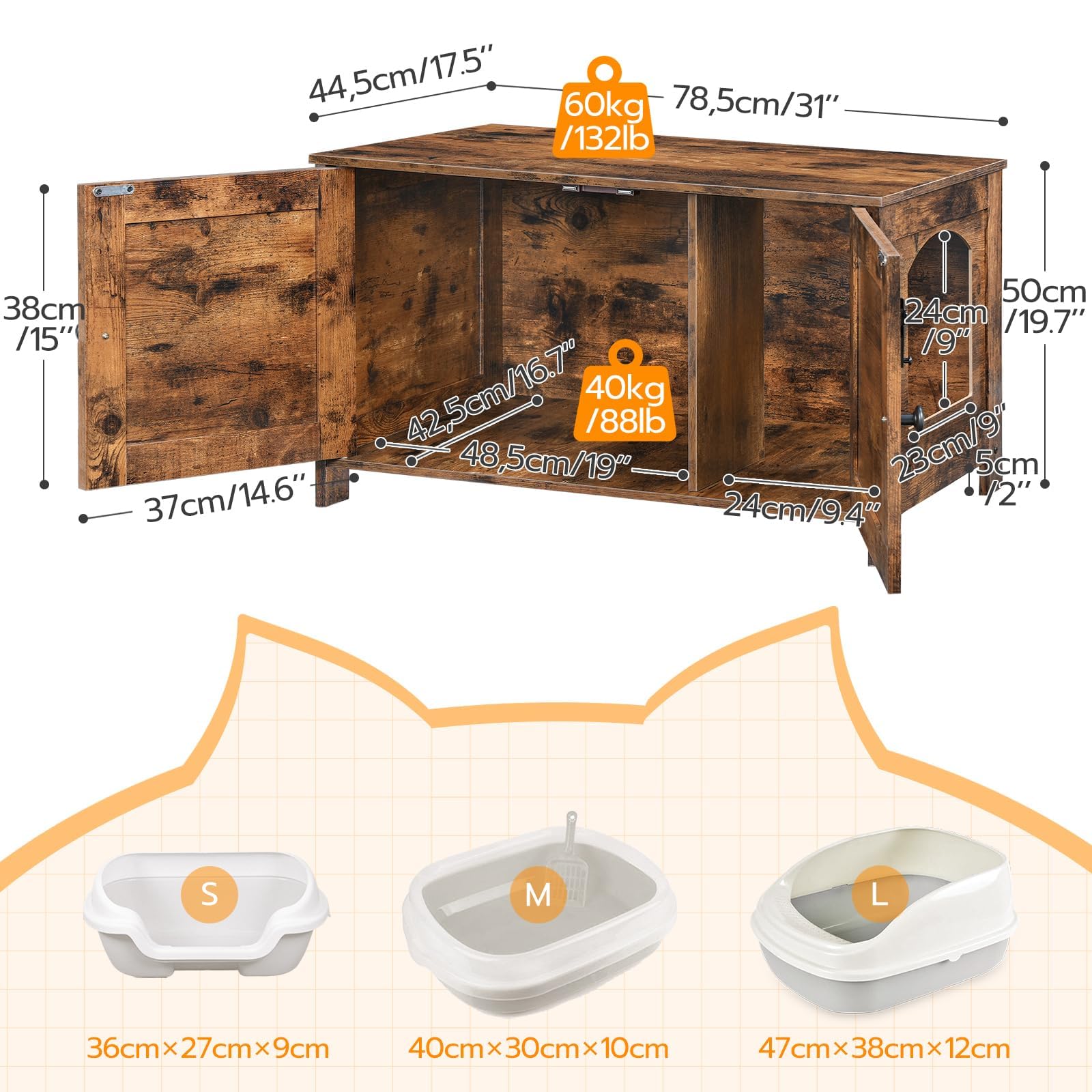 HOOBRO Armadietto per Gatti, Litter Box, con Sportello e Divisore, Spazioso, Struttura Robusta in Legno, Nido per Gatti, Corridoio, Marrone Vintage EBF03MW01G1