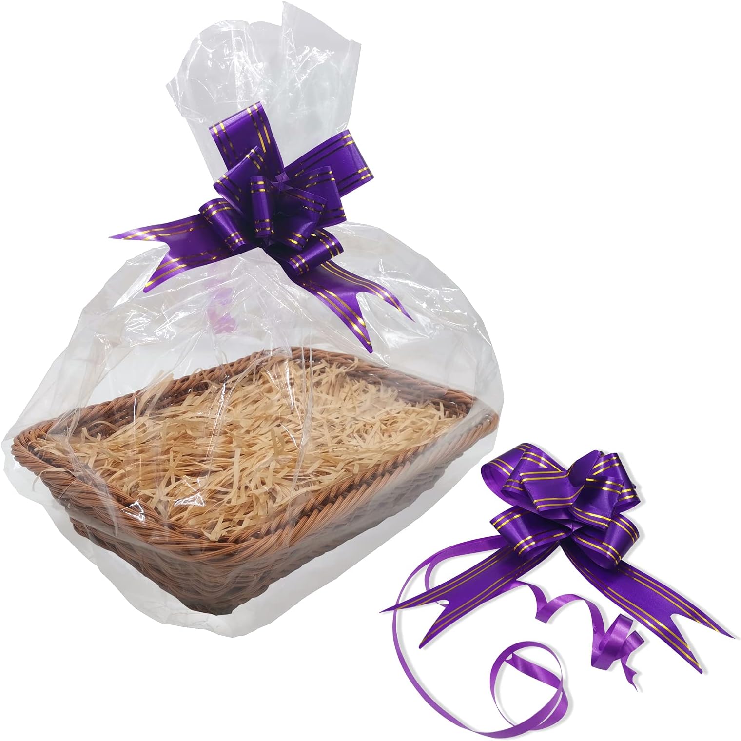 30 x 20 CM Hamper Baskets for Gifts, 1 Pack of Basket Kit with Purple Ribbons for Gift Wrapping, Cellophane Bag and Shredded Paper