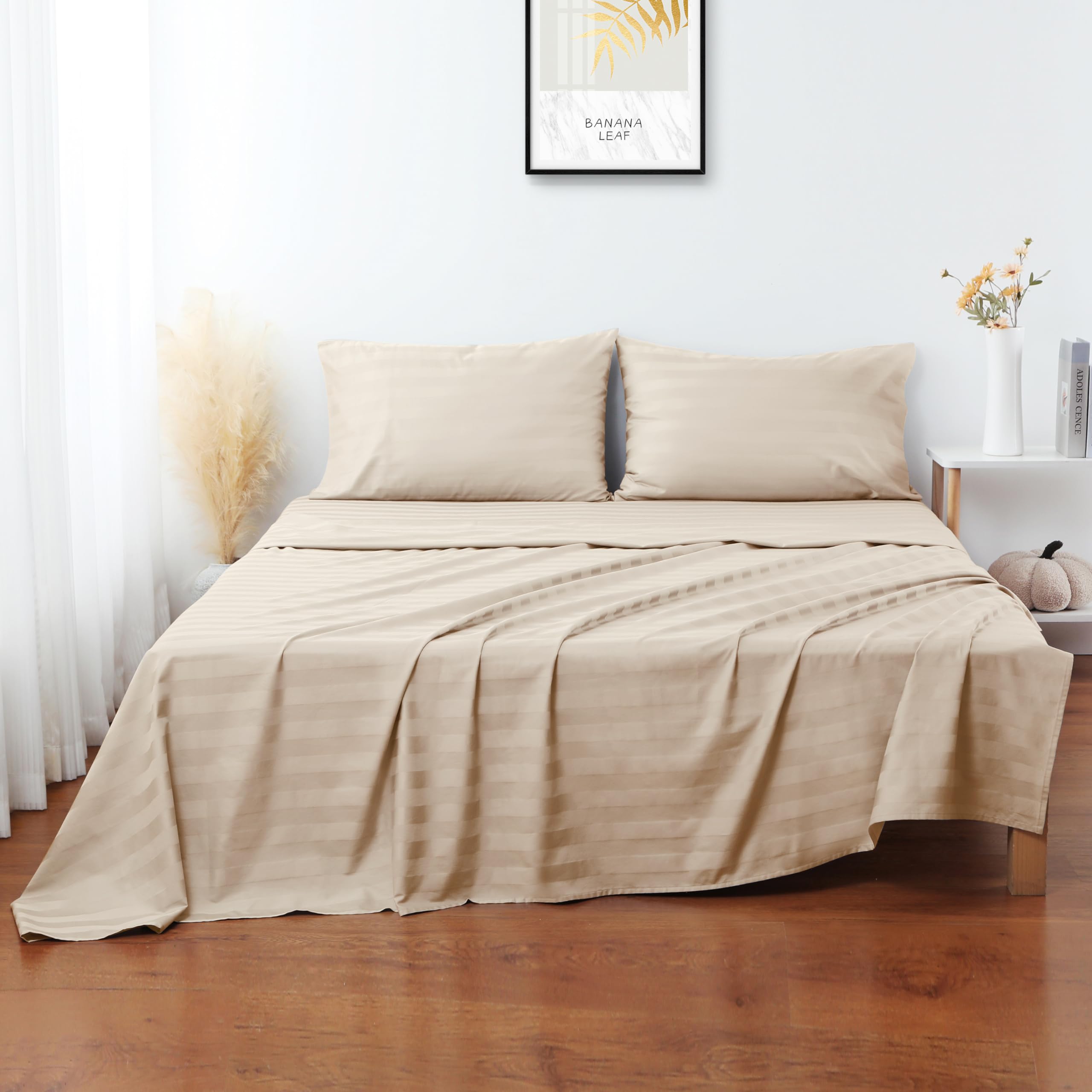 Drap Plat Lit Simple Coton égyptien 400 Fils - 167x254cm Infroissable Blanc Rayé