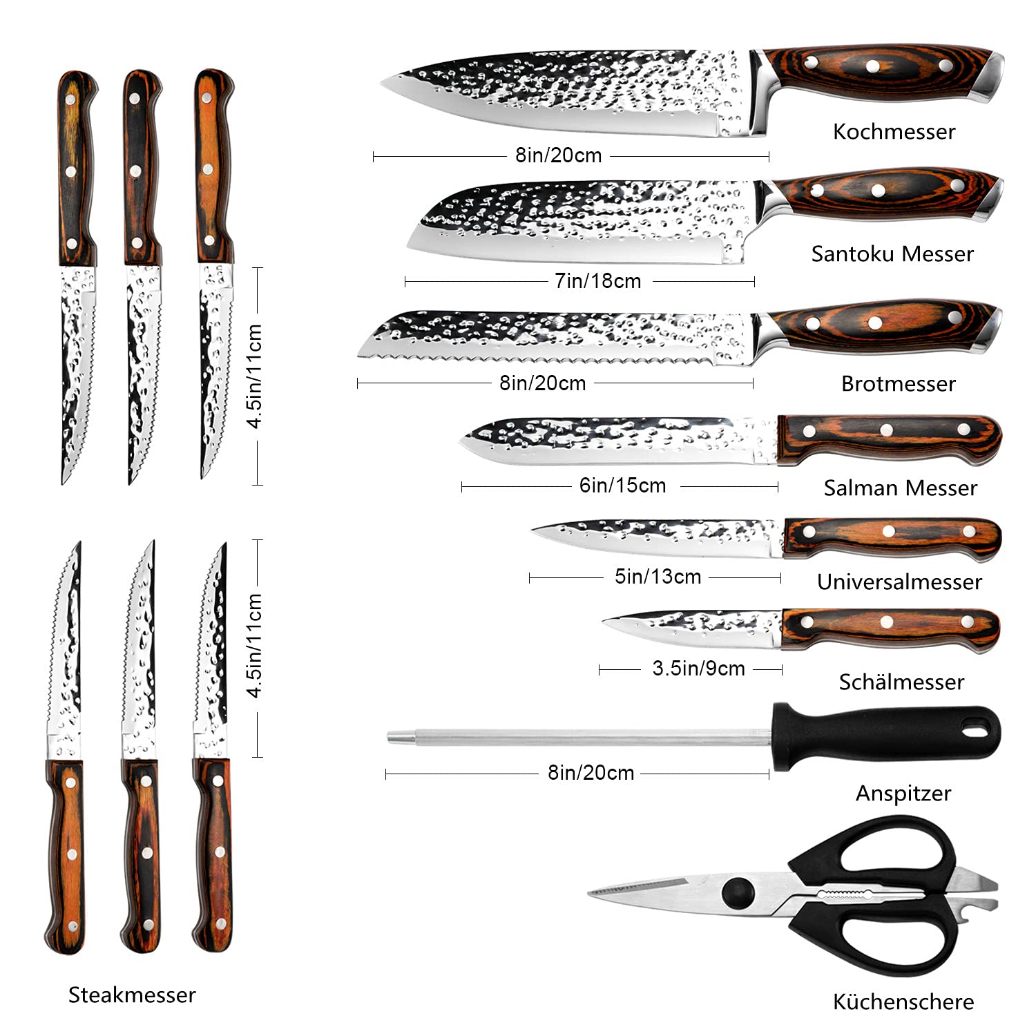HOBO Messerset, Messerblockset 15 Stück, Küchenmesserset mit Santokumesser Kochmesser Brotmesser Schälmesser Steakmesser Anspitzer, Japanische Edelstahlmesser,Wasserwellentextur Farbiger Holzgriff