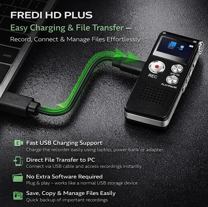 FREDI HD PLUS 8GB Digital Voice Recorder with LCD Display | 10-12 Hours Recording Time | USB Data Transfer | Noise Reduction Microphone | Portable Audio Recorder for Study, Office & Meetings 4