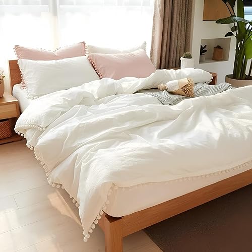 Miniatura 2 de INDACORIFY White Duvet Cover with Pom Pom Duvet Cover Boho Bedding 100% Cotton Washed Duvet Cover Queen Size Duvet Cover Comorter Cover Set (Double