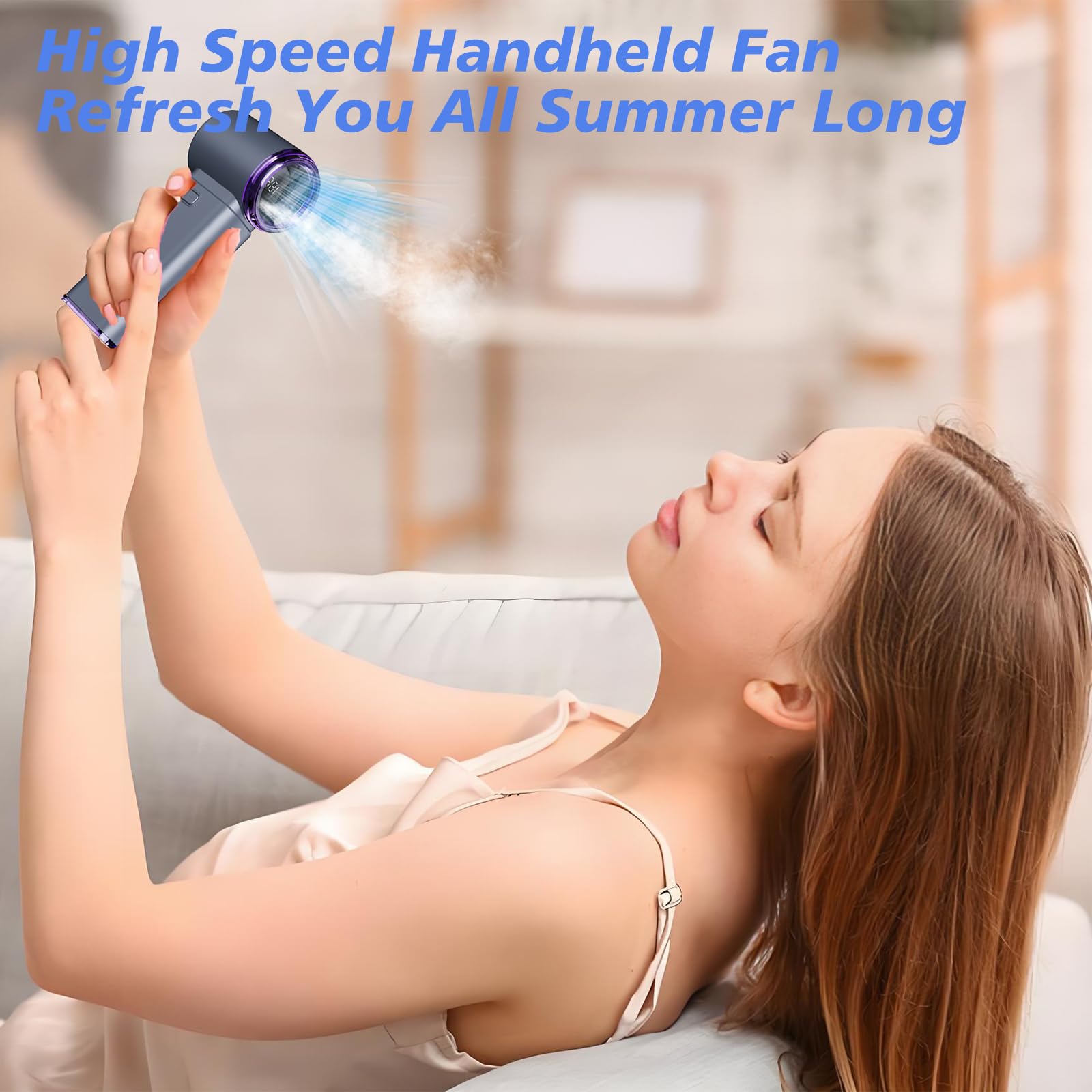 Ventilador portátil de mano con rociador, ventilador de nebulización recargable con tanque de agua, velocidad (1-199) ventiladores de viaje personales ajustables con pantalla digital
