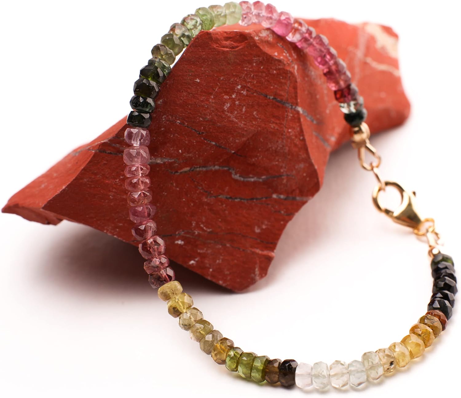 Watermelon Tourmaline AAA 4mm Faceted Rondelle Bracelet in 14K Gold Filled Chain and Clasp, Gift for her